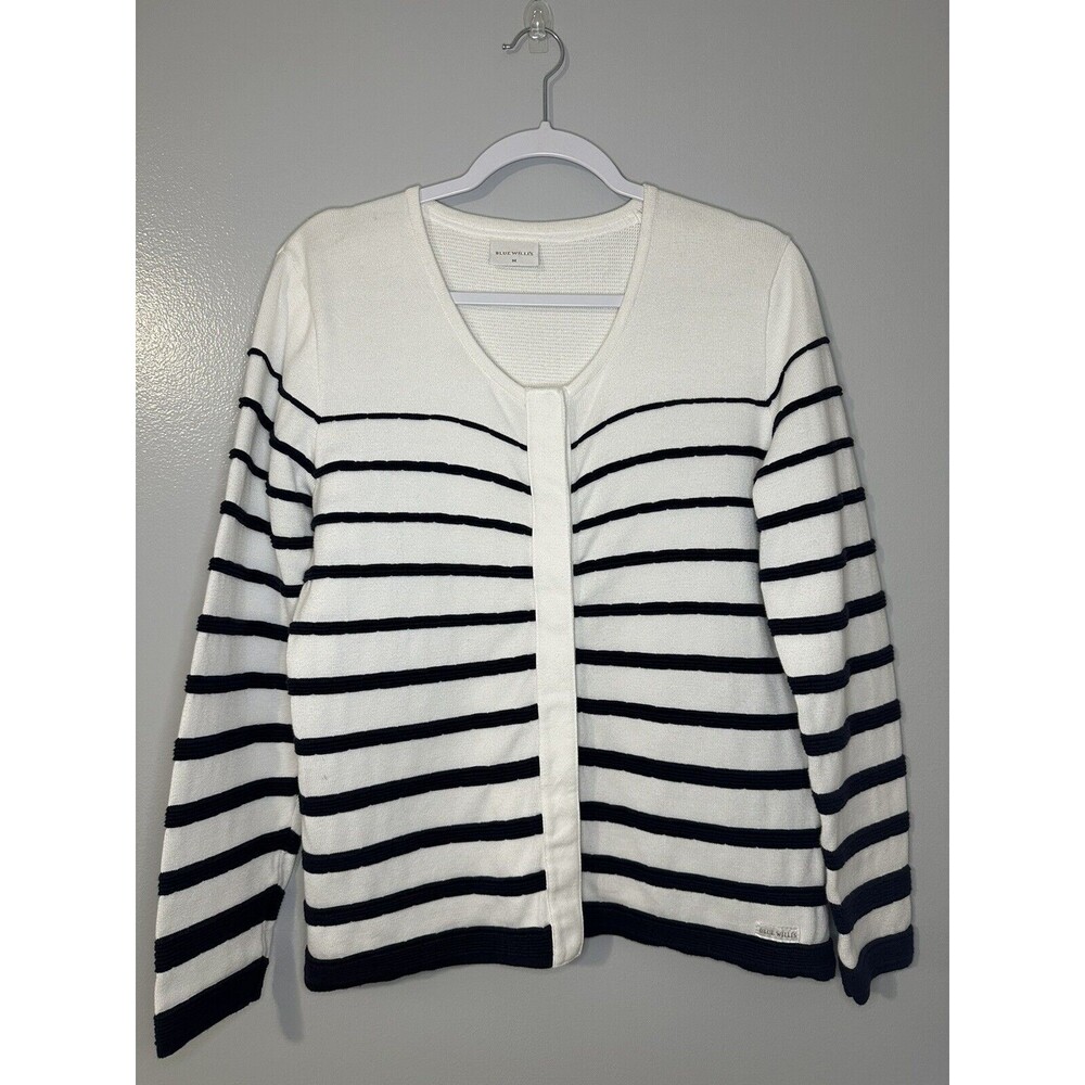 Blue Willi's Women’s Size M Sweater Cardigan Stripe White Navy Snap Button Knit